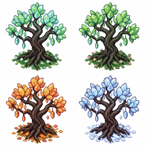 * Glasswood Tree — dark trunk with translucent, crystal-like leaves for a game, in all the seasons, top down style,