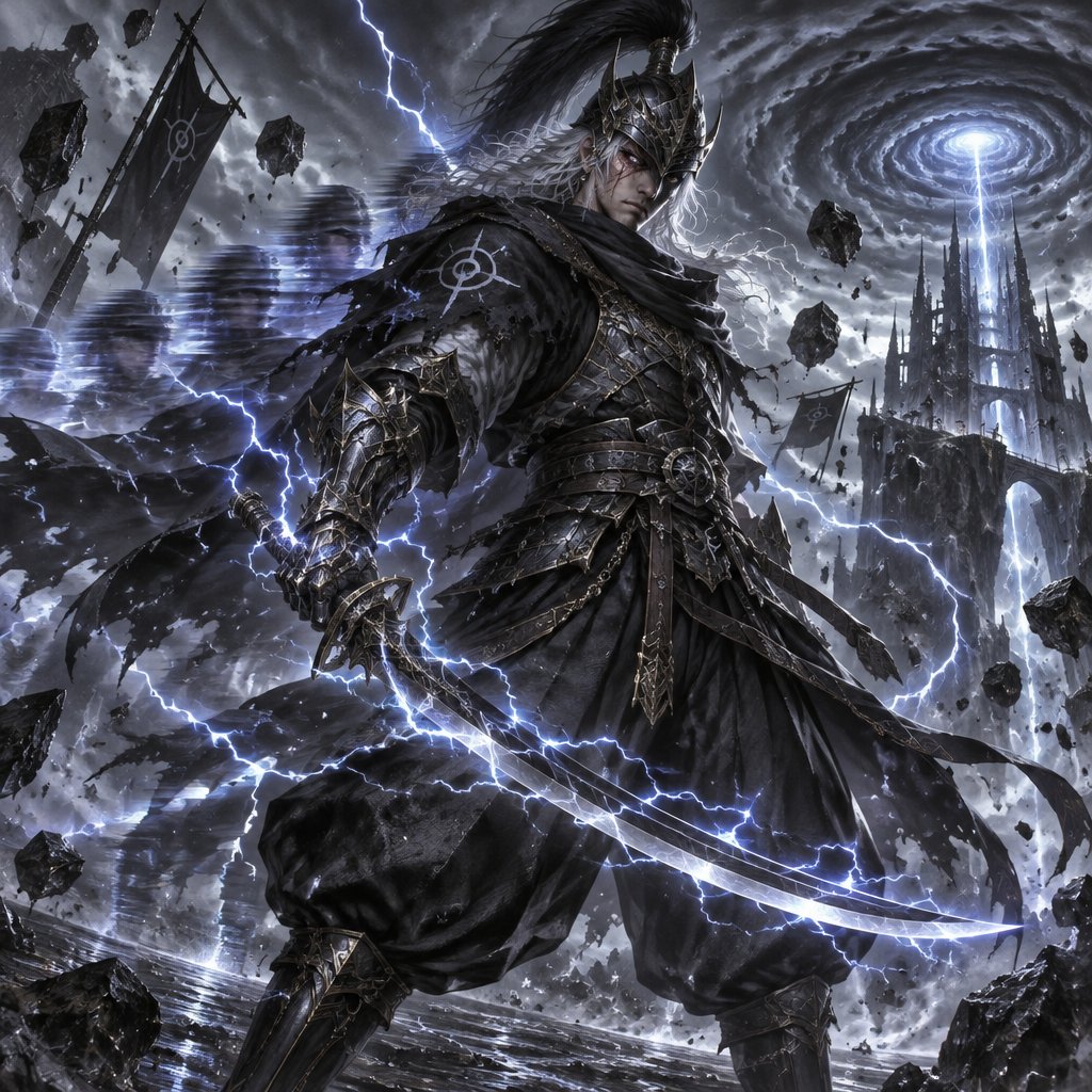 lightning dark knight, plume helmet, grey hair, eye of the storm mark, baggy pants, scar eye, teleportation ability, storm creation, lightning curved sword, electromagnetism manipulation
