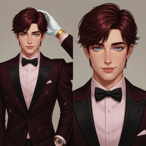Tall young adult male with bright dark red hair that is neatly combed with the bangs going to one side, short to medium length. Bright blue eyes. White skin. Smug smile. One hand behind his head pose. A dark almost black, maroon tuxedo jacket that is closed and pants with the same color. The undershirt would be a light pink and a black bowtie. Wearing white gloves with a gold watch on the right wrist. Black dress shoes and pink socks.