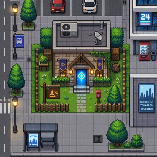 Small house unique for a fantasy game set in modern times, exterior, top down style, shading and highlights