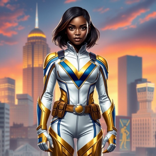 A teenage African American female superhero with hair in a shoulder length side part style wearing a homemade white and Gold suit with blue accents and a stylized V as her chest emblem a utility belt and gold boots standing in Philadelphia