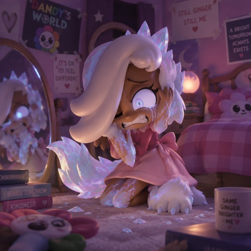 Ginger from Dandy’s world in her room trying to stop her transformation into a Opalite Werewolf 