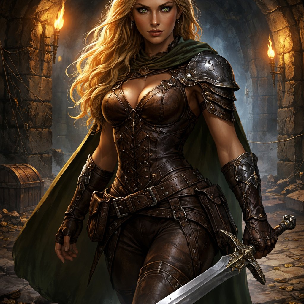 Female, age 30, blonde hair, green/gold eyes, olive skin, muscular