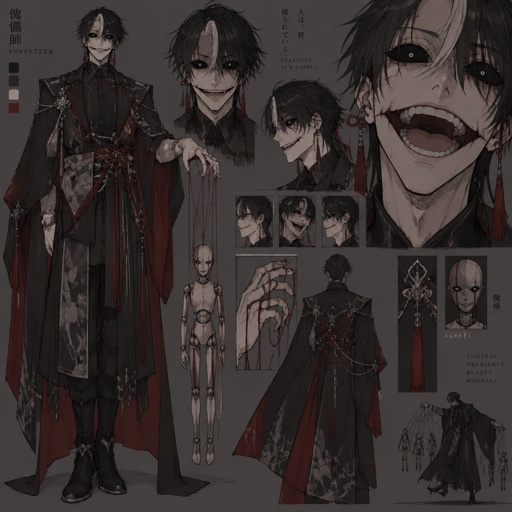 Male villein with puppeteer powers, medium length black hair, white streak in hair, cool villain clothes, completely black eyes with white pupils, scars, insane, unusually long mouth, Asian