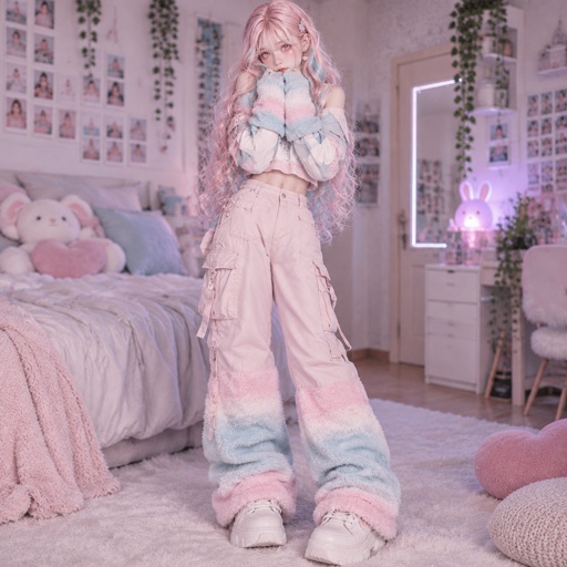 a girl in a pink and blue outfit standing in a bedroom
