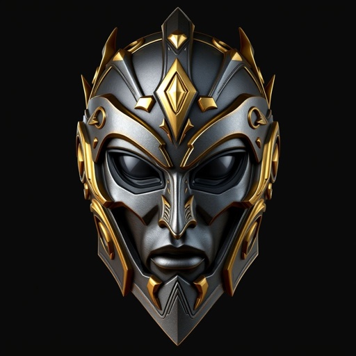 A female war mask with gold accents in the design of a face