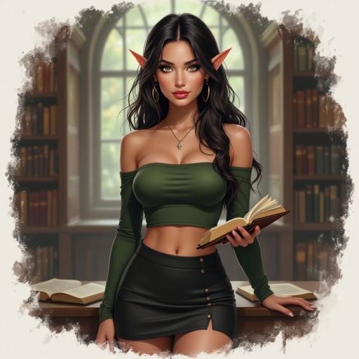 Dark Brown Hair Elf Witch Librarian in Tube Top and Tight mini Pencil Skirt