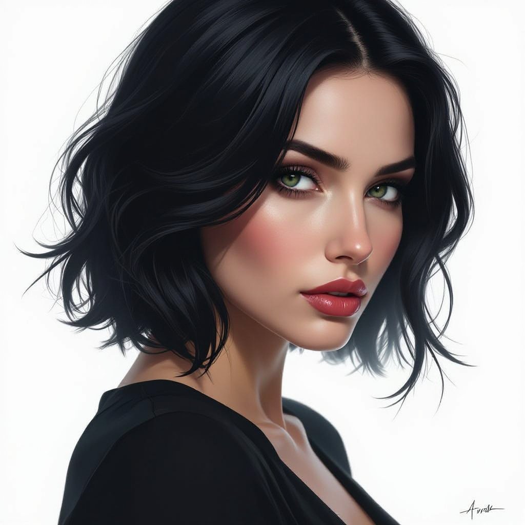 Show character head to toe. Create a mid age mysterious woman jet-black hair is cut sharpand her eyes seem to pierce through darkness. A shadowy aura clings to her form,