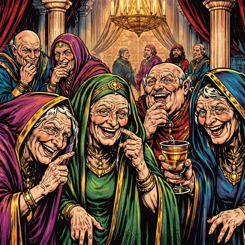 Realistic refined no caricature a group of unpleasant old people in robes are gathered in a palace gossiping