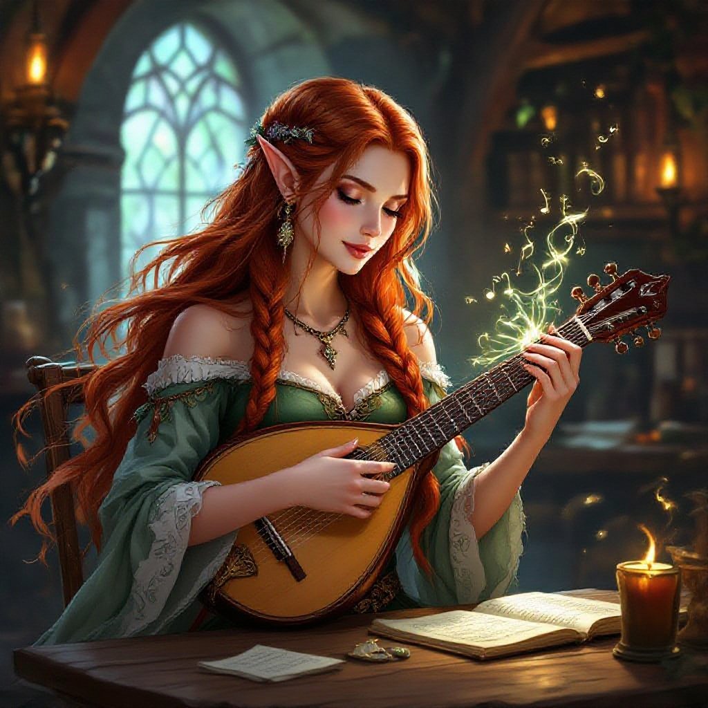 A beautiful elven bard with red hair. In tavern. Playing a lute. 