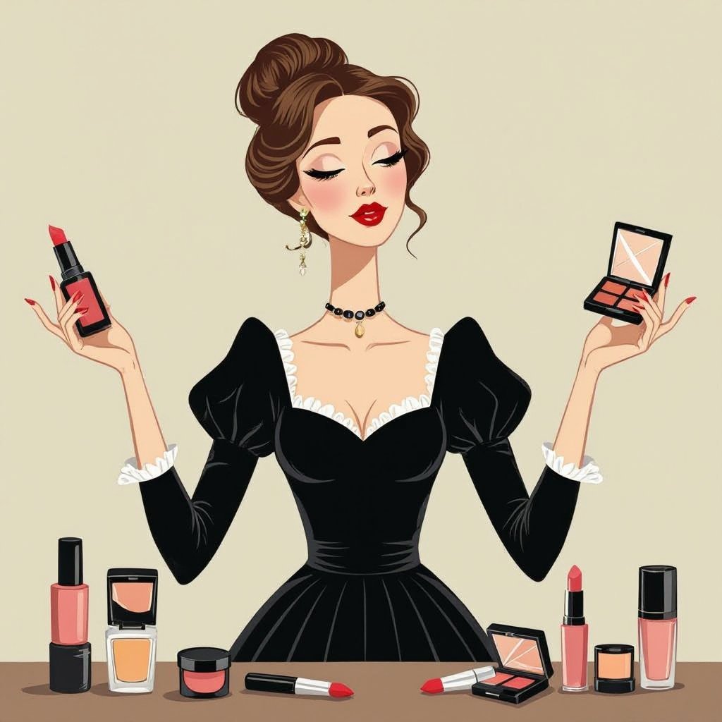 Create a character showing there whole body head to toe, a lady who loves beauty products  