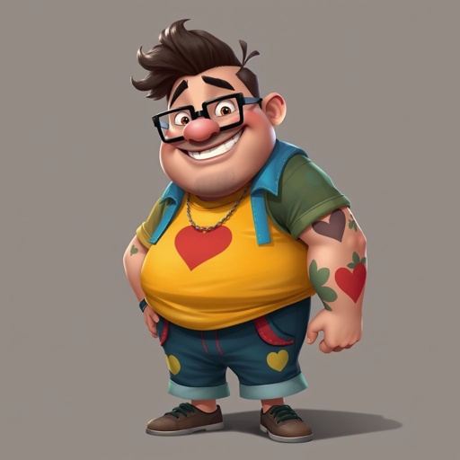 Create a adult character head to toe who is chunky , funny looking but swears he’s a lover boy.