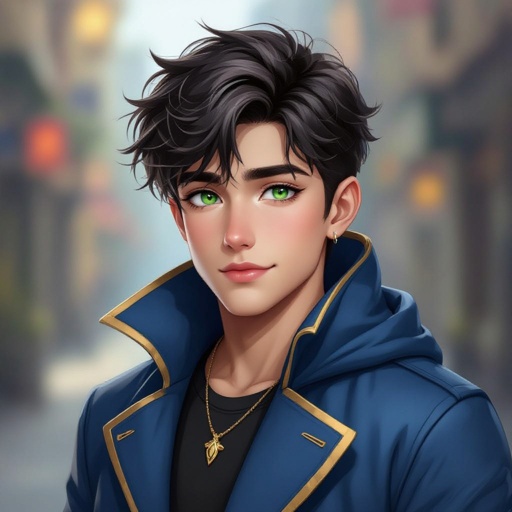 Male 19-year old with slightly chubby cheeks dark hair with a streak of white in his hair with one green eye and one black eye. He wears a sleeveless blue long coat with a gold outline  