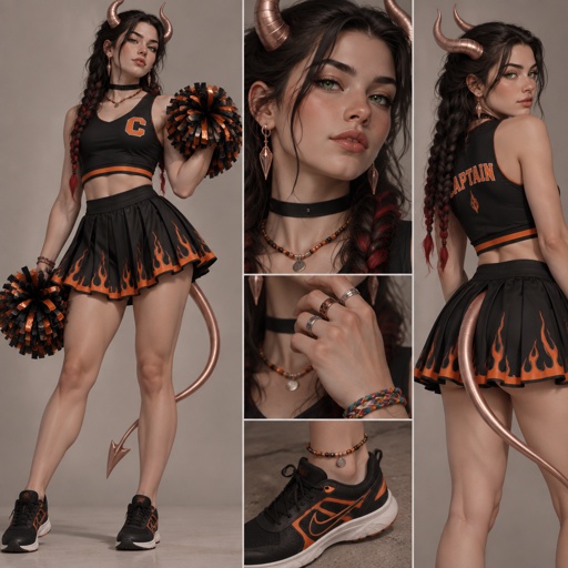 Female, 16, 6’0 ft tall, long black hair with red tips in stitch braids, bright green eyes, rose gold horns, pale skin, a black choker, drop down earrings, a black crop top with orange accents, a flowy black skirt with orange flames on the bottom, beaded necklace, running shoes, a beaded anklet on one foot, a few fidget rings on different fingers, a yarn bracelet with reds yellows and oranges, a rose gold tail, is half teiffling half giant, cheerleader captain