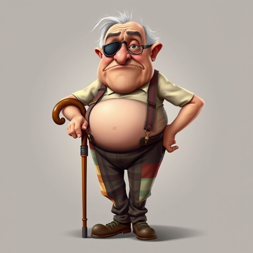 Create a grouchy funny old character who has 1 eye patched. Make him fat with a cane. Show his whole character head to toe in image 