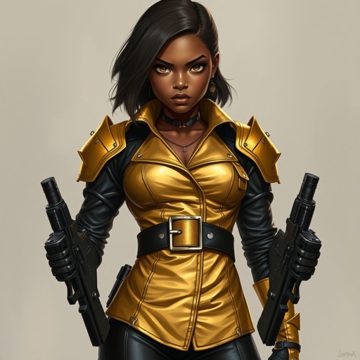 A teenage African American female with shoulder length hair  in a side part style wearing an armored gold leather jacket with black accents black leather pants and gold boots with a gun belt and two guns on her hips GOTHIC