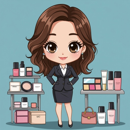 Create a business owner character showing there whole body head to toe, a lady who loves beauty products  