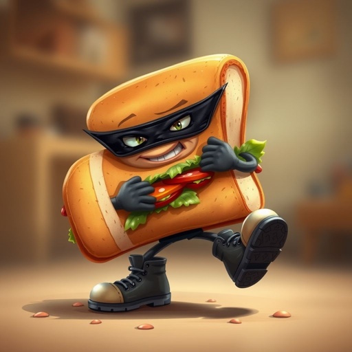 Create a funny looking clumsy sandwhich thief with funny shoes on. Make him have on the bandit black thing around his eyes 