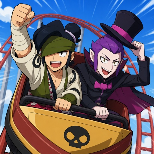 Kenji and mortis from brawl stars, on a rollercoaster  
