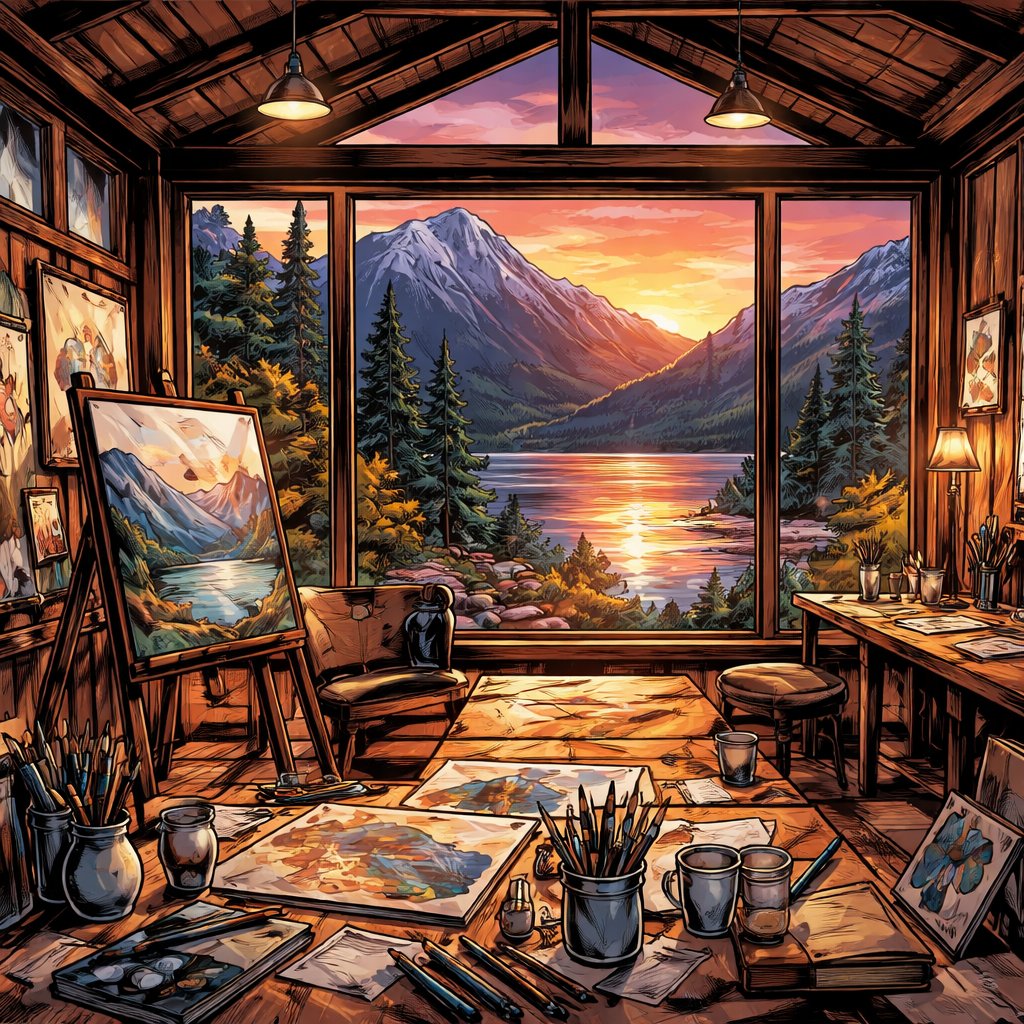A large artist studio overlooking a lake and tall mountains. Evening light.