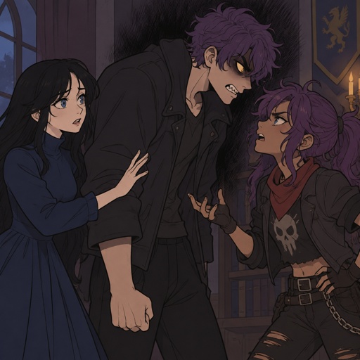 Three siblings, Female name Liz, oldest, tale, pale, beautiful, very call expression, mysterious, black hair long curtain bangs style, bright blue eyes, wearing a dark blue long turtleneck dress, high heels, eye liner,dark eye shadow,red lips, wearing jewelry, Anime style, Agent Ward male, middle child, made to be a weapon, highly skilled, emergency backup case he gets out of control, hair violet messy bun, clean shaven, night vision eyes no goggles, sharp teeth, dark power, tall, intimidating, big grin, he's used as an emergence backup weapon, Female Ann, youngest sibling, medium hight pale, tan, blue eyes, vivid purple dim hair in a messy bun her front hair is swooped down in her right side, mischievous smile, rebel/ grunge clothe style,ward angered by Ann his dark powers increased, Ann arguing back Liz trying to break the argument 