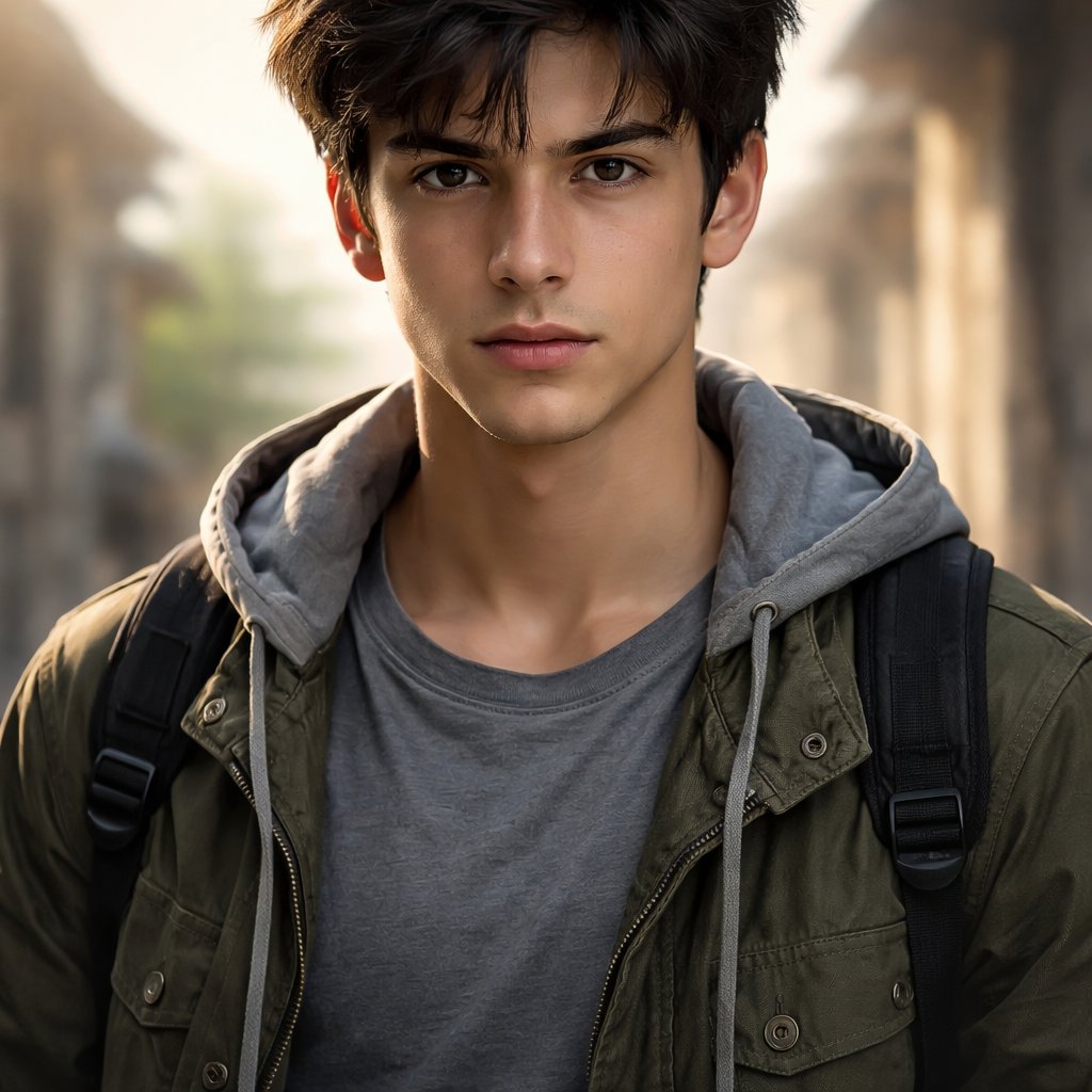 A 19 year old boy who has thick black hair and brown eyes. He looks strong and determined.