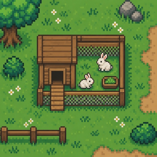 cozy small rabbit hutch for a modern fantasy game, exterior, top down style