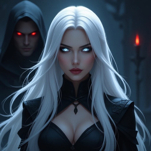 Woman with white hair and white eyes is a badass assassin with intense mystery and darkness with a shadowy Xaden rioson from forth wing male figure behind her with red eyes