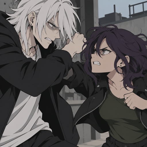 Anime style, male, name kai, highly skilled in fighting all fighting styles and weapons,long white hair half in face, dark bags, white skin, earrings, history unknown,casual clothes, Female, name is Beth, medium wavy dark purple hair, gray eyes, short, open jacket with a dark green shirt, there fighting,looking at each other Beth with an angry face and Kai both are glaring, Beth is a agent,trying to get Kai to come with her with out making a scene