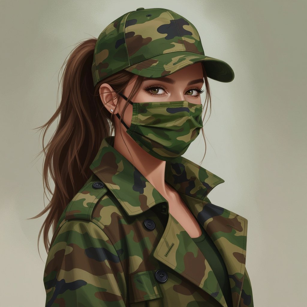Military teen, camo mask, camo cap, camo leafy trench coat, long brown hair in a ponytail,