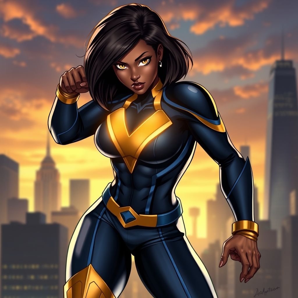 African American female superhero with hair in a shoulder length side part hairstyle with pure Gold Glowing eyes wearing a black blue and gold accented suit with navy blue pants and gold knee length boots with a V with the top half gold and the bottom half black as her chest emblem in Philadelphia