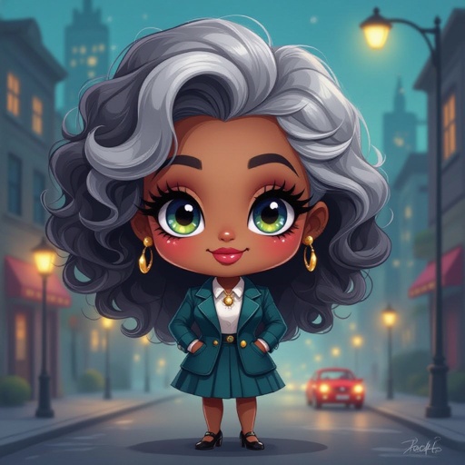 Create a chibi character older lady who is a city girl, make her kinda dark skin