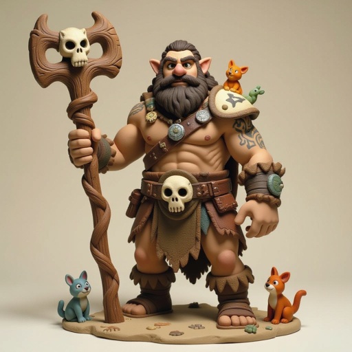 Kael the Beastbound – A rugged, broad-shouldered man with tanned skin and a rough beard, wearing armor made from bone and leather. deep green eyes tattoos of animal tracks spiral down his arms. He carries a massive wooden staff carved with the shapes of beasts, and small creatures often perch on his shoulders or follow at his feet.