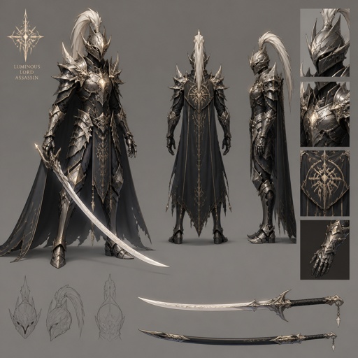 assassin, long curved sword, crested helmet, dark silver armor, luminous lord