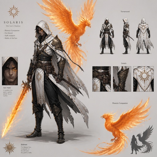 assassin with phoenix, sun mark on eye, fire sword, white and black clothes