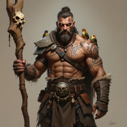 Kael the Beastbound – A rugged, broad-shouldered man with tanned skin and a rough beard, wearing armor made from bone and leather. deep green eyes tattoos of animal tracks spiral down his arms. He carries a massive wooden staff carved with the shapes of beasts, and small creatures often perch on his shoulders or follow at his feet.