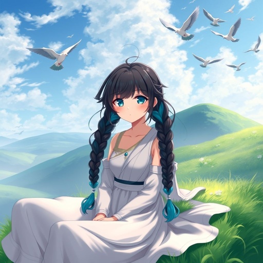 A young female with fair skin and vibrant teal eyes. Black hair with cyan tips in the form of two short braids. Wearing a goddess two piece outfit sitting on a hill watching pigeons fly from a very far distance