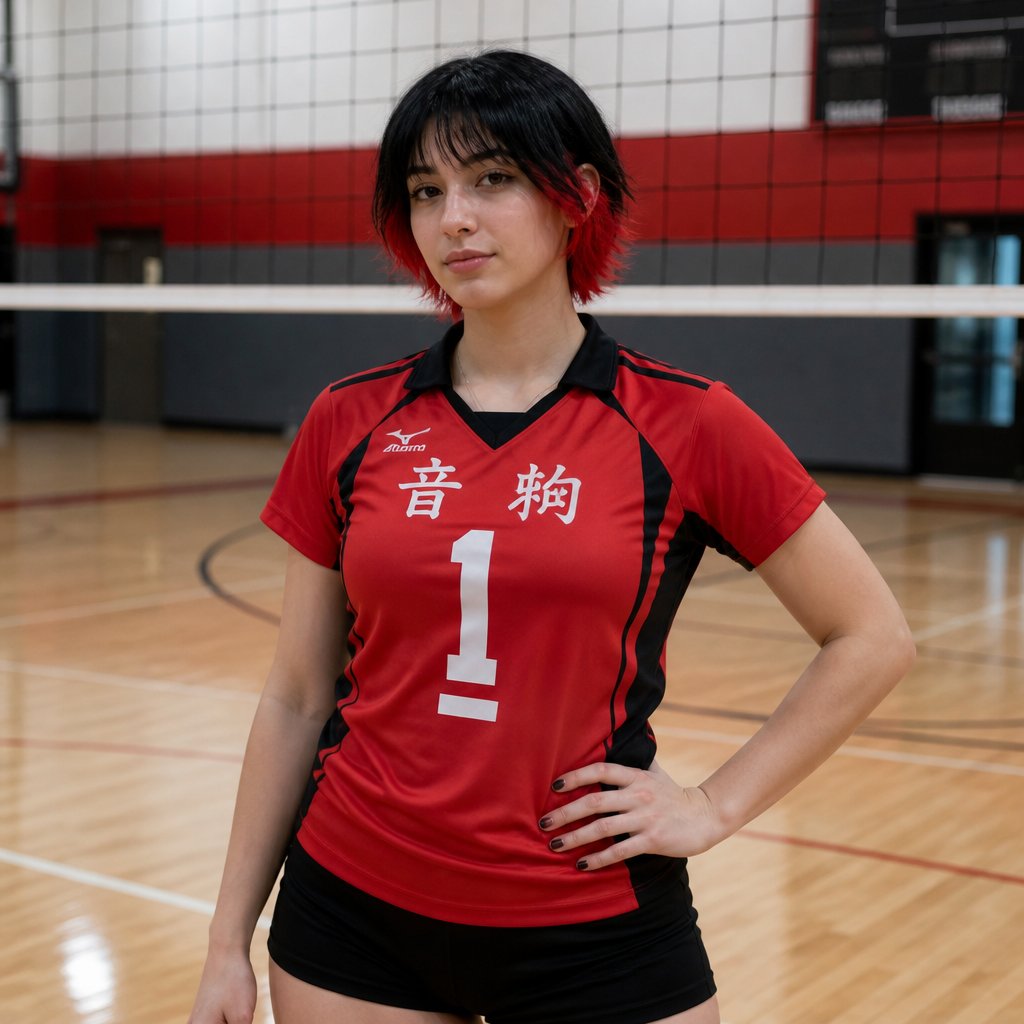 Adult girl with short black hair and red tips wearing a haikyuu volleyball uniform