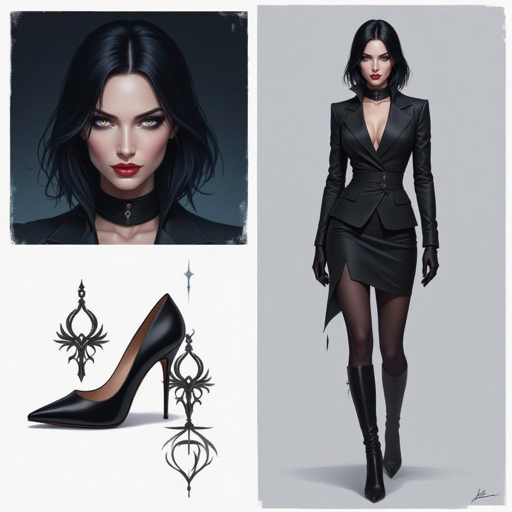Show character head to toe. Create a mid age mysterious woman jet-black hair is cut sharpand her eyes seem to pierce through darkness. A shadowy aura clings to her form,