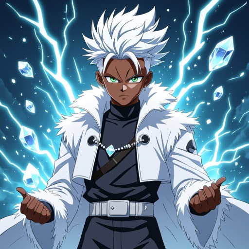 A 15 year old black male with a white undercut and green eyes. Give him an outfit resembling future trunk’s from Dbz but make it gray with white fur and fantasy themed. Have him standing confidently surrounded by lightning strikes, and a crystal floating in front of him. 
