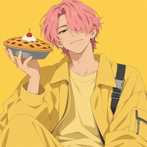 Male, Asian, pink neck length wavy hair, hair in front of one eye, smirk, chill, wearing yellow modern clothes, holding pie 