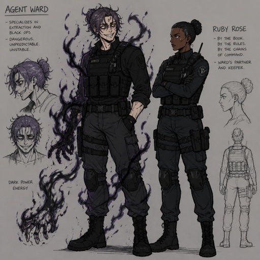 Anime style, Agent Ward, made in a secret lab to be best weapon and good at everything, highly skilled,be kept in check and have an emergency backup in case he gets out of control, Wards hair a messy bun hair color violet, is clean shaven, yellow night vision eyes, sharp teeth,has a dark power energy from experiments,best agent, in late 20s, tired, tall, eyes sensitive to light, easily migraines, likes making jokes, mischievous and dangerous,grins, hates being told what to do, intimidating, laugh like a maniac cares about his partner ruby rose she's dark skin serious plays by the rules and firm but nice to ward them standing together ruby arguing to wards “stop being so intimidating you’re going to give are suspect a hart attack!” Ward says “what I’m just making the job go faster he’s fun and was very helpful “ he proceeds to laugh ruby says under her breath “this isn’t funny”