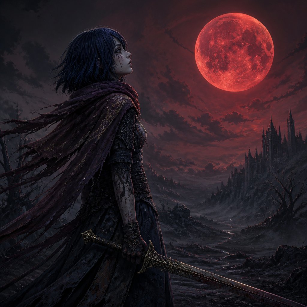 girl with long bob dark blue hair scarf sword looking at the moon