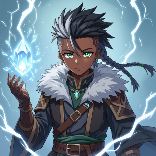 A full body picture of a 15 year old black male with a white semi braided undercut and green eyes. Give him a gray mage/assassin outfit with fur. Have him floating surrounded by lightning bolts. Give him a crystal that floats from his upside down left hand 