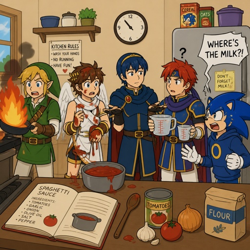 Super smash brothers link from legend of Zelda, pit from kid Icarus, and sonic the hedgehog as a human,Marth from fire emblem,Roy from fire emblem, there trying to make dinner Roy looking at the measuring cups asking Marth which one he’s supposed to do Marth shrugs and says “how should I know I’ve never cooked before, I am a prince after all” link holding pan that’s on fire, pit accidentally spilled tomato sauce on him,and Sonic yelling saying “guys were all out of milk”