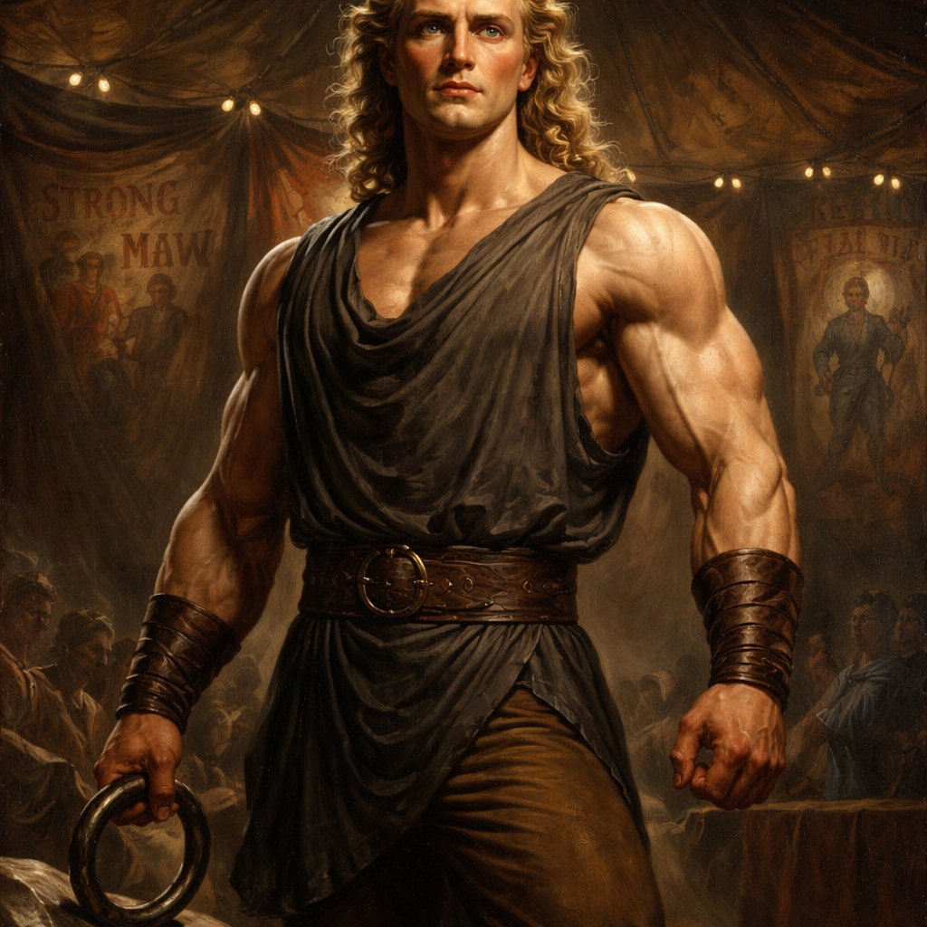 A tall well~proportioned male, so handsome he looks like a Greek god with muscles. With deep-set blue eyes and strong brows, and a peaceful but determined expression on his face. His hairstyle is a thick curly blonde mullet. He works at freak show as a strong man. His outfit consistsed of a Charcoal-toned sleeveless Greek tunic, thick leather belt, leather wristbands/cuffs, brown pants.