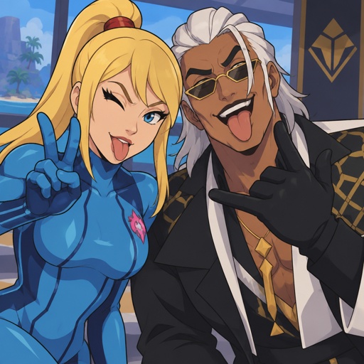 Samus Aran zero suit, Accurate Kado Thorne from Fortnite with white hair, both making funny faces