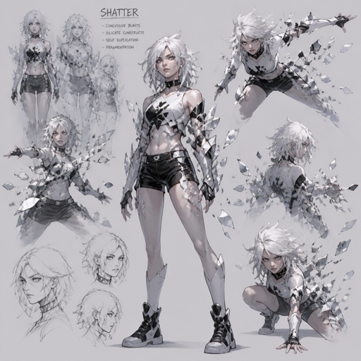 Female teen superhero with shatter abilities, white hair, white skin, multiple of the same character