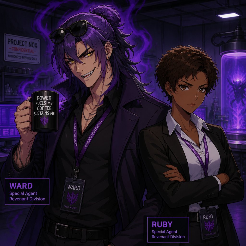 Anime, Agent Ward, long messy hair half side longer in a messy up tied bun and drooped down,light deep purple hair black tips, made in a secret lab to be the best weapon and solver highly skilled in many things to wear the scientists are scared if he gets out of control (which has happened more then once) has to be kept in check by lab facility, and they have an emergency back up incase he gets out of control,glowing yellow night vision eyes, sharp teeth, sunglasses on head, cares about his partner but doesn't admit it, likes making jokes, can be reckless mischievous and dangerous, extreme dark powers from lab experiment, best agent, late 20s, thin, exhausted mischievous and reckless,jokes to hide exhaustion,coffee, hates people telling him what to do especially with sleep, intimidating.Partner Ruby she has brown hair a little in the middle of the neck curly, brown eyes, dark skin, serious, goes by the rules, gets annoyed by Ward is also concerned about him try's to convince him to rest sometimes works, doesn't like his jokes during work