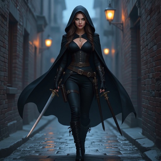 Human woman. Brown long hair and green big eyes. She wears a black cape. A tight black blouse and black pants. She has a belt on which he carries daggers and swords. She wears high, heavy boots. She carries a short sword. She has a long sword on his back. She wears a hood. It's night. A dark alley. The screen is from below. A woman approaches us. A cold expression appears on her face. An amber necklace gleams around her neck. She wearing black armor. The woman is pale. She has a delicate beauty. Her eyes are painted black. She looks menacing. pale complexion